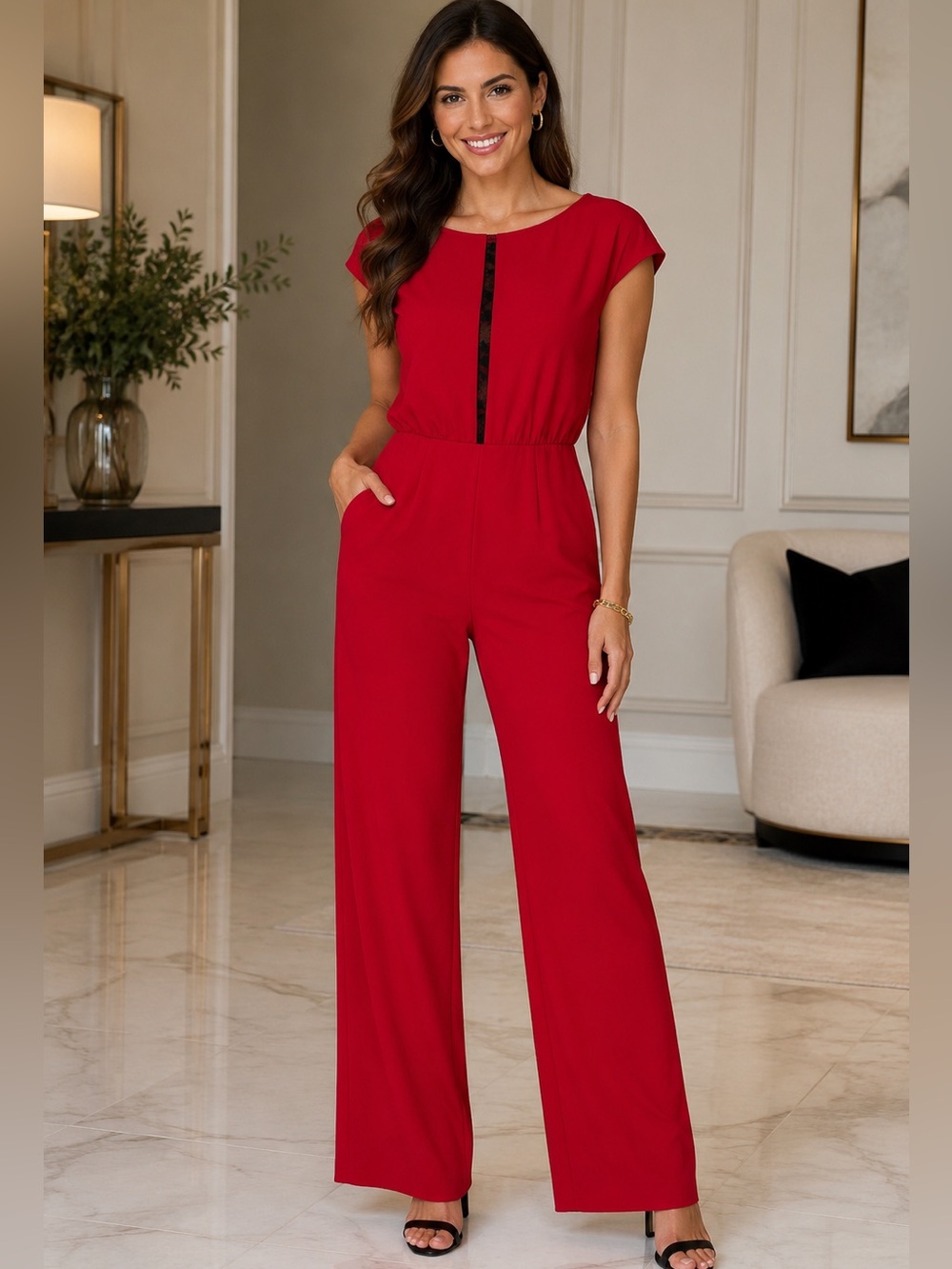 CHARLES HENRY BOAT NECK JUMPSUIT RUBY RED WITH BLACK LACE INSERTS SAMPLE 10 - 12